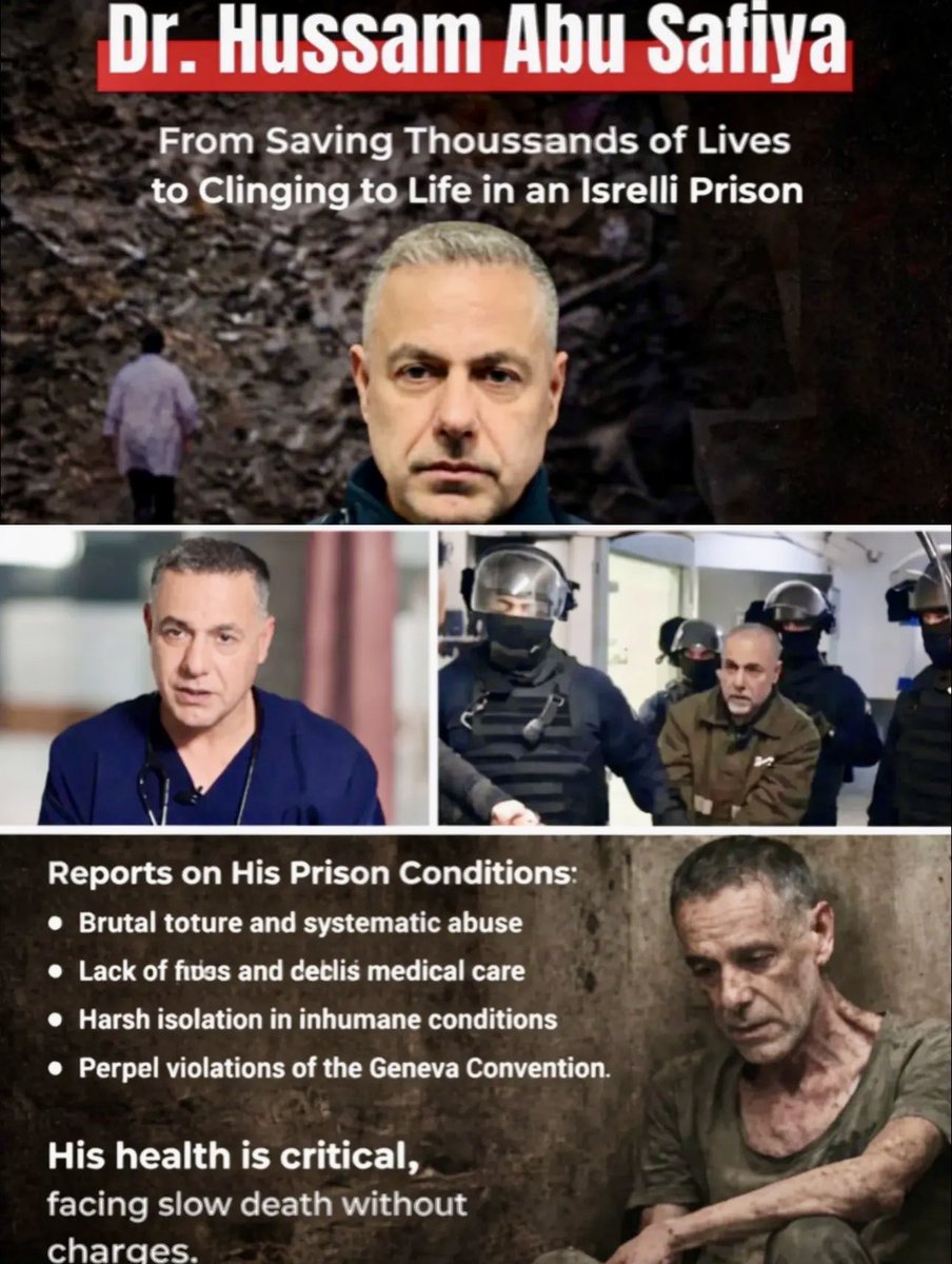 Meslek hayatında sayısız çocuğu iyileştirirken,şimdi bir hapishane hücresinde
hayata tutunmaya çalışıyor. 
Hiçbir suçlama olmaksızın açlık,izolasyon,kötü muamele,tıbbi bakım eksikliği gibi zalim koşullarla karşı karşıya. Sesinizi yükseltin.Sessizlik ölümdür. #FreeDrHussamAbuSafia