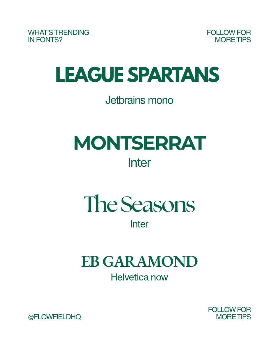 FlowfieldHQ's tweet image. Designers… your font choices matter more than you think.
These pairings instantly make your UI look clean &amp;amp; modern.
Save this for your next project 🔖
Follow for more UI/UX tips 🚀
#UIUX #WebDesign #Typography #DesignTips #Frontend
