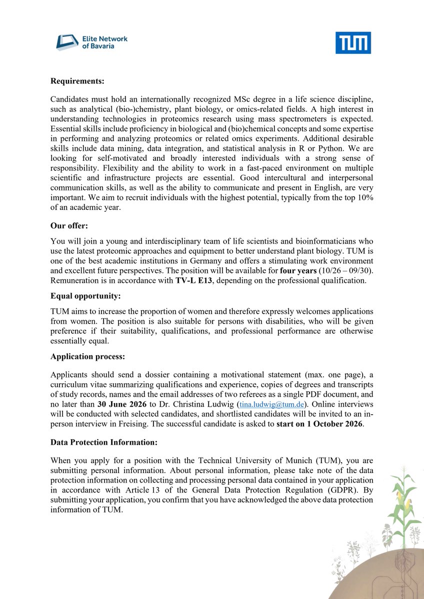 BayBioMS's tweet image. 🧵 We are #hiring! 🌿🔬

Our team at the TUM School of Life Sciences is seeking a motivated #Doctoral #Candidate to join the Elite Network of Bavaria-funded graduate college "The Proteomes that Feed the World". (1/3)