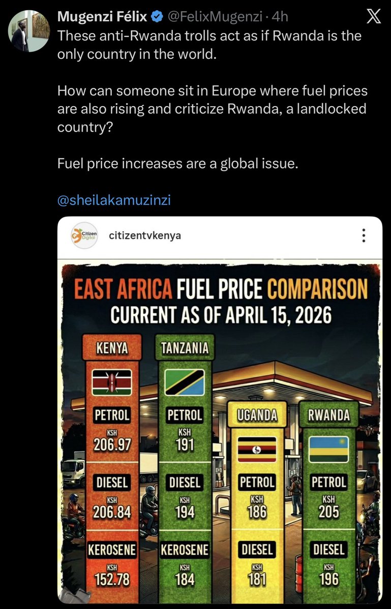 sheilakamuzinzi's tweet image. Mr.@FelixMugenzi Bringing up Kenya or Europe doesn’t excuse what’s happening under @PaulKagame . It actually highlights the difference.

Yes, fuel prices are global. But governance is local.
In #Kenya, citizens can criticize, protest, organize, and push back without being labeled