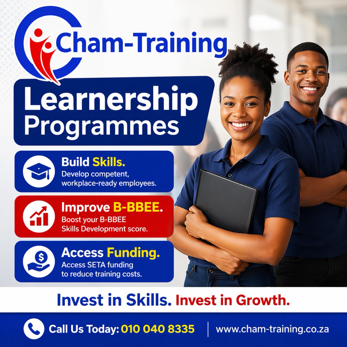 cham_training's tweet photo. Learnerships don’t just train staff — they unlock funding, tax incentives and B-BBEE points.

👉 Start a Learnership Programme with Cham-Training today.
https://t.co/gAp2J0JnjO

📞 Call: +27 10 040 8335
🔗 Visit: https://t.co/VWvPnPgkQT

#Learnership #BEECompliance #ChamTraining https://t.co/TLDWadzJgG