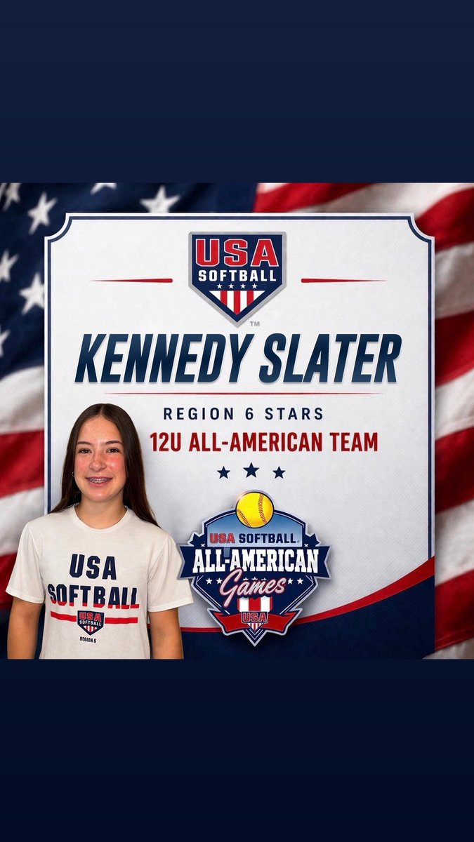KennedyMSlater's tweet photo. Honored to represent Region 6 at the USA Softball All-American Games this August at Devon Park! Excited to compete with 360 of the best in the country. 🇺🇸❤️🥎🤍🥎💙🇺🇸 #USAsoftball #stars #region6 https://t.co/0tVrxdzDTi