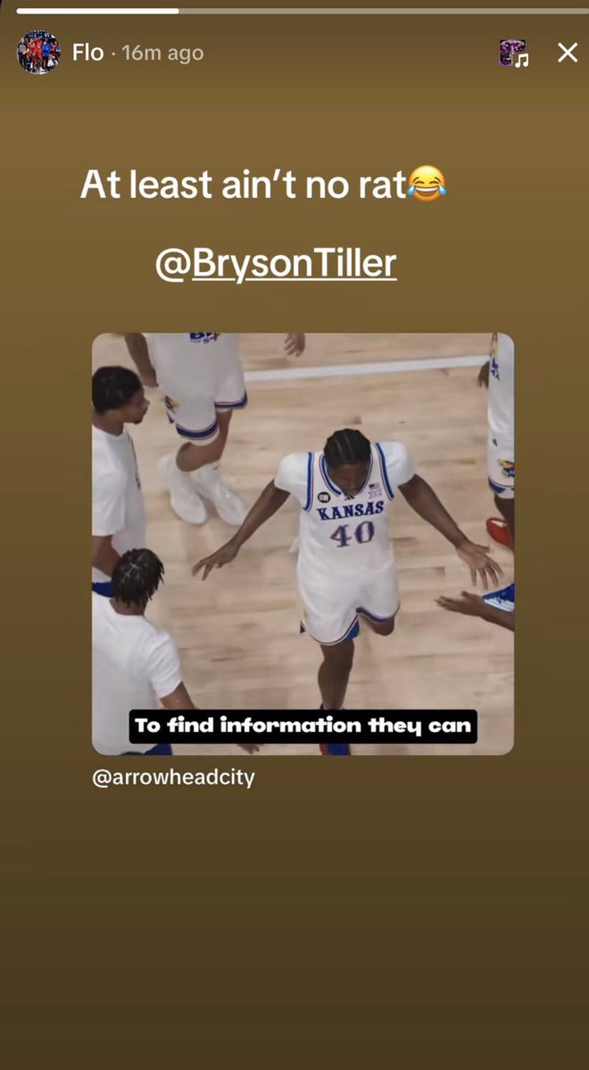 ZachSchumaker's tweet photo. Flory Bidunga posting an IG story calling Bryson Tiller a rat is objectively hilarious. 

Bidunga literally just transferred to Louisville himself, but he’s clearly drawing the line because Tiller went to one of Kansas’s biggest rivals in Mizzou. 

The portal hypocrisy is wild. https://t.co/XGiEBfFN87