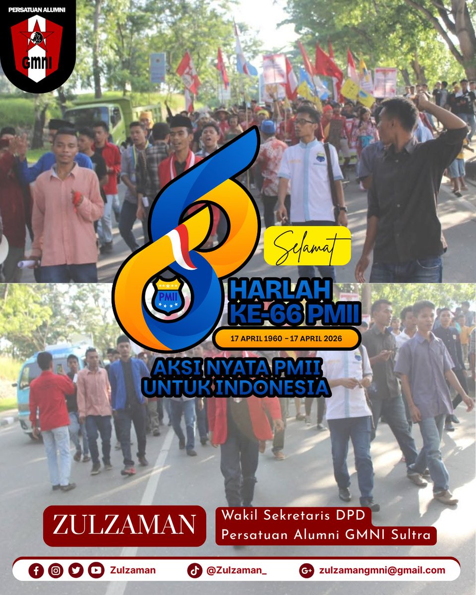 Selamat merayakan Harlah ke-66 tahun untuk sahabat dan sahabati PMII, 17 April 2026.
Tangan terkepal dan maju ke muka. 💛💙🇮🇩

Merdeka ✊✊✊
#harlahpmii #PMII