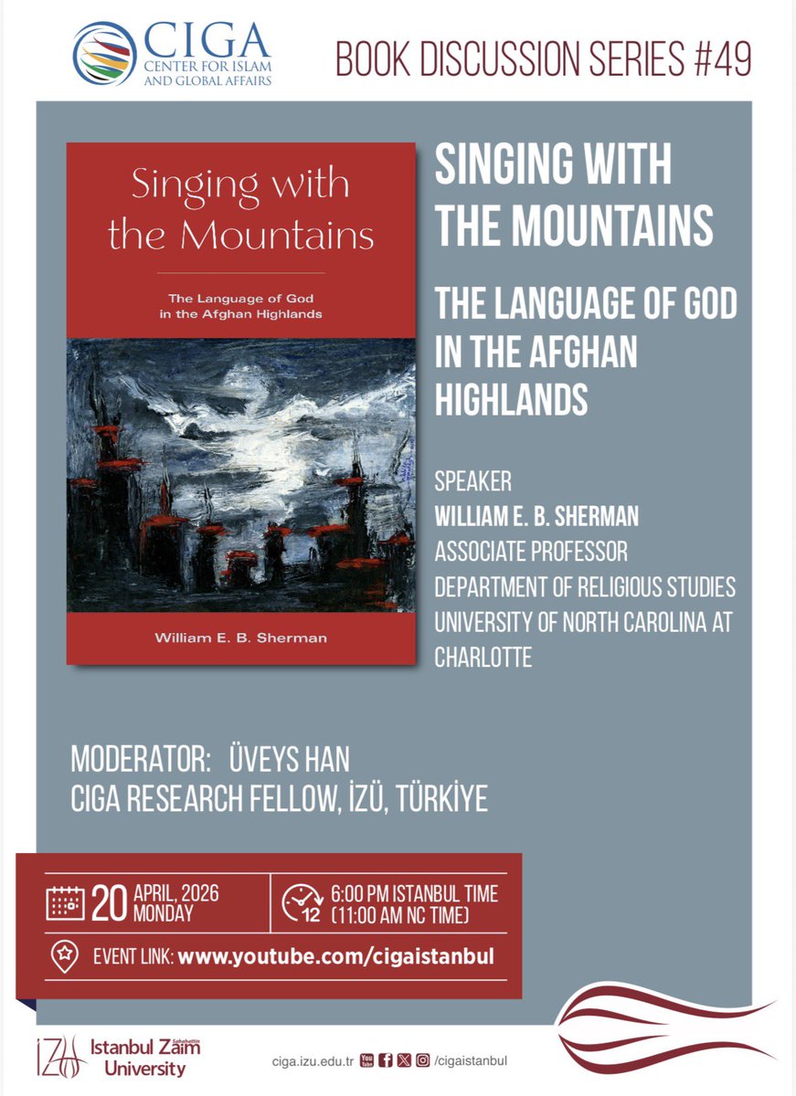 Join us for Book Discussion Series #49: Singing with the Mountains — exploring the language of God in the Afghan Highlands.

April 20
6 PM Istanbul
Live on YouTube