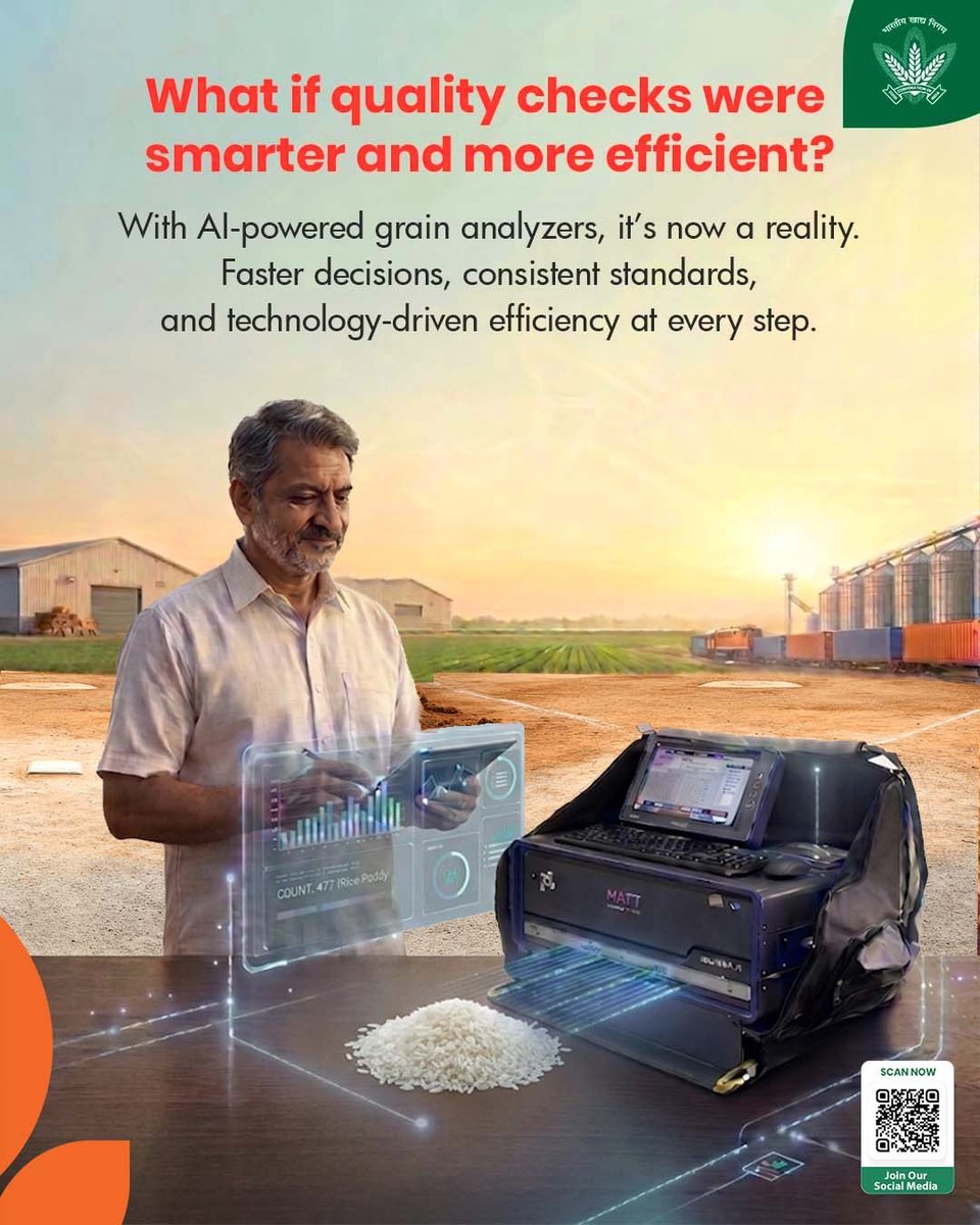Strengthening quality assurance through technological advancement, the Food Corporation of India is integrating Automatic Grain Analyzers to enhance precision and consistency in foodgrain assessment.
These AI-enabled systems support objective, data-driven evaluation, minimizing
