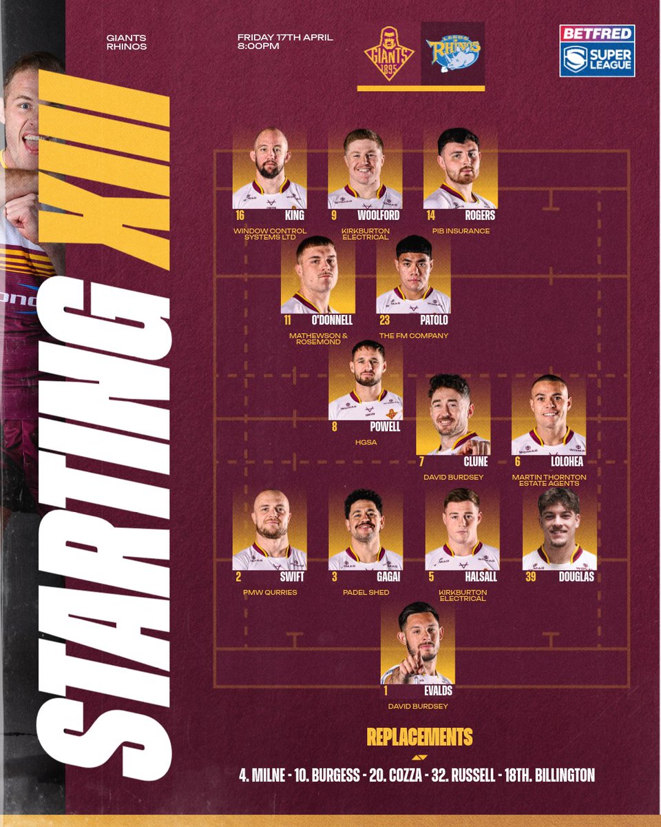 Giantsrl's tweet photo. Your Giants team to face the Rhinos tonight, up the Claret and Gold! 🙌

#GiantsUnleashed https://t.co/Csnw3AVVzW