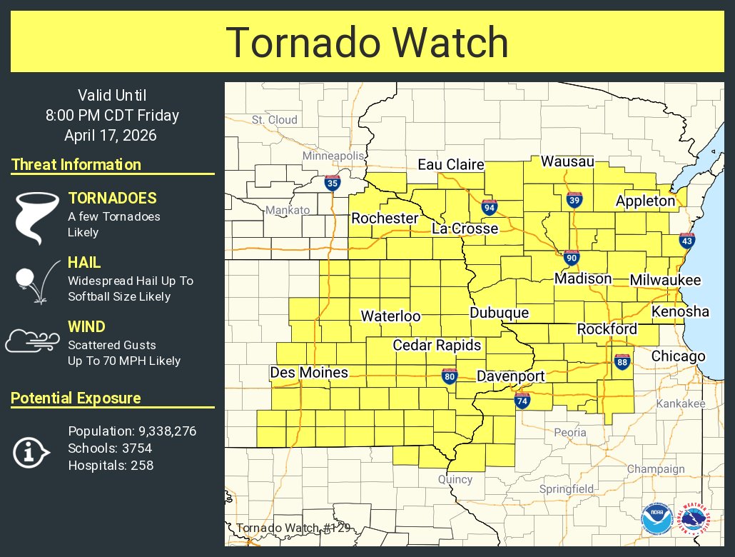 NWSGreenBay's tweet photo. A tornado watch has been issued for parts of Illinois, Iowa, Minnesota, Missouri and Wisconsin until 8 PM CDT https://t.co/JvOqM8fiid