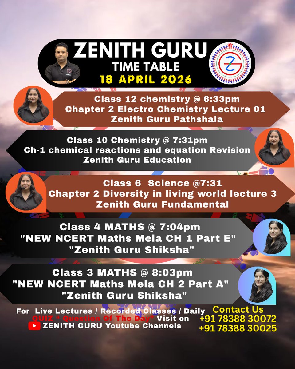zenith_guru's tweet photo. 18 April 2026 Saturday Time table for class 1st to 12th
 #zenithguru #prathamsir #math #science #Bridgecourse #salonimam #nikkipandit #cbse #ncert https://t.co/9QsM8TctyF