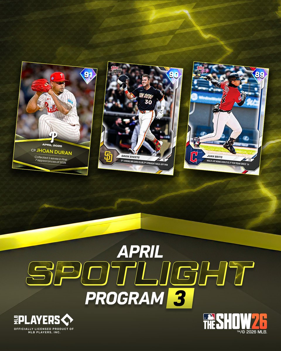 The April Spotlight Program  3drops today!

💎 Juan Brito, who got called up to The Show while playing The Show, now has a 💎 <a href="/Topps/">Topps</a> Now
💎 <a href="/Topps/">Topps</a> Now Gavin Sheets
💎 April Spotlight Drop 3 Pack
💎 Spotlight Series Jhoan Duran

Make sure to add them to your squad around noon PT!