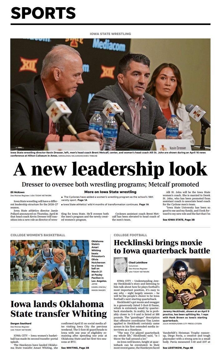Emckown23's tweet photo. Never a bad day to pick up the Des Moines Register, but today feels like a particularly good day to do so. https://t.co/V72aCSB1Nk