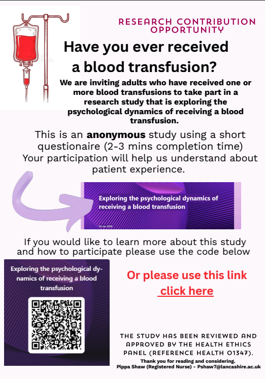 pippashaw's tweet image. Live link in comments or please use the QR code. 
Have you ever received a blood transfusion? If so, please consider completing this short research survey to help work towards improving patient care:

#bloodtransfusion #BloodRecipient #TransfusionRecipient