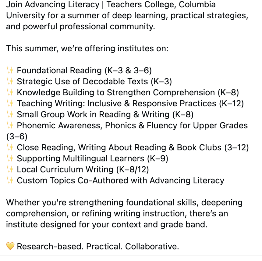 TCAdvancingLit's tweet image. Join us this summer for #ProfessionalDevelopment

#Literacy
#Teachers
#Learning
#education #Educators

advancingliteracy.tc.columbia.edu/events/?grades…