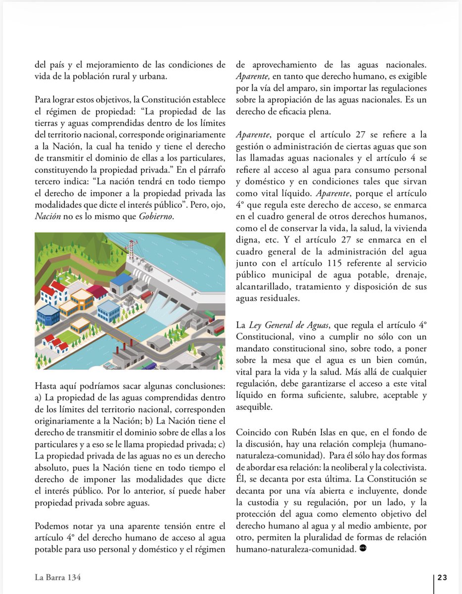 El agua no puede ser un bien privado, sostuvo <a href="/RubenIslas3/">Ruben Islas</a> en 'La Barra', revista de la <a href="/BMA_Abogados/">Barra Mexicana, Colegio de Abogados A.C.</a> .
"La propiedad privada sobre el agua en nada se opone al derecho humano al agua que consagra nuestra Constitución", responde aquí mismo <a href="/MauricioLimonA/">MauricioLimonA</a> :
