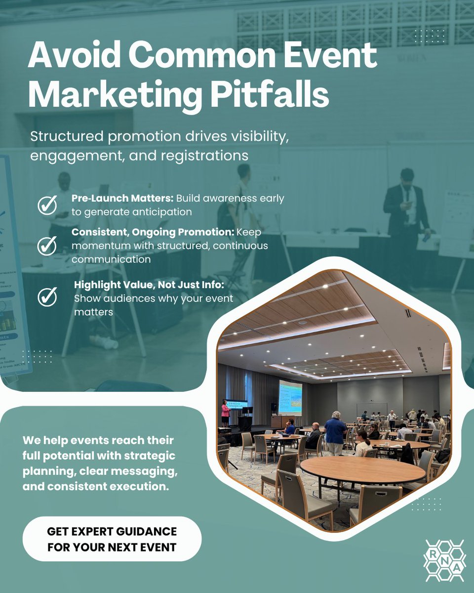 RNAassociates1's tweet photo. Many events underperform not due to content, but poor promotion. At RNA‑Associates, we help events plan early, communicate value, and maintain consistent marketing to boost visibility, engagement, and registrations. Learn more: https://t.co/5f88orGC1l https://t.co/gDbt84rboG