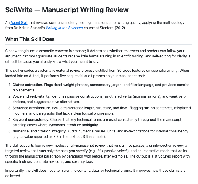 ihteshamali's tweet photo. I cancelled my Grammarly subscription.

SciWrite does something Grammarly literally cannot.

It doesn't just catch grammar. it audits the architecture of your writing the way a senior editor would.

5 passes:

→ Clutter: flags dead-weight phrases, gives cleaner replacements
→ Voice: kills passive constructions and nominalizations
→ Structure: reviews sentence length, flow, paragraph logic
→ Consistency: catches keyword drift across your whole manuscript
→ Integrity: cross-references numbers and citations between text and tables

works in https://t.co/pDY56kadwE, Claude Code, ChatGPT, Cowork.

one skill file. paste once. use everywhere.

https://t.co/2Ev99M58uw