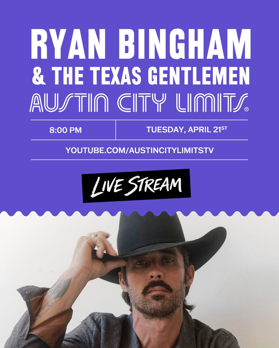 acltv's tweet photo. Catch the worldwide live stream of @RyanBingham's return to ACL TV w/ The Texas Gentlemen 4/21, 8PM CT on ACL TV's YouTube and TikTok channels: 
https://t.co/tAnPw5dMUW
🔔Make sure to sign up for YouTube notifications - you won't want to miss this! https://t.co/BT3PJLXPwF