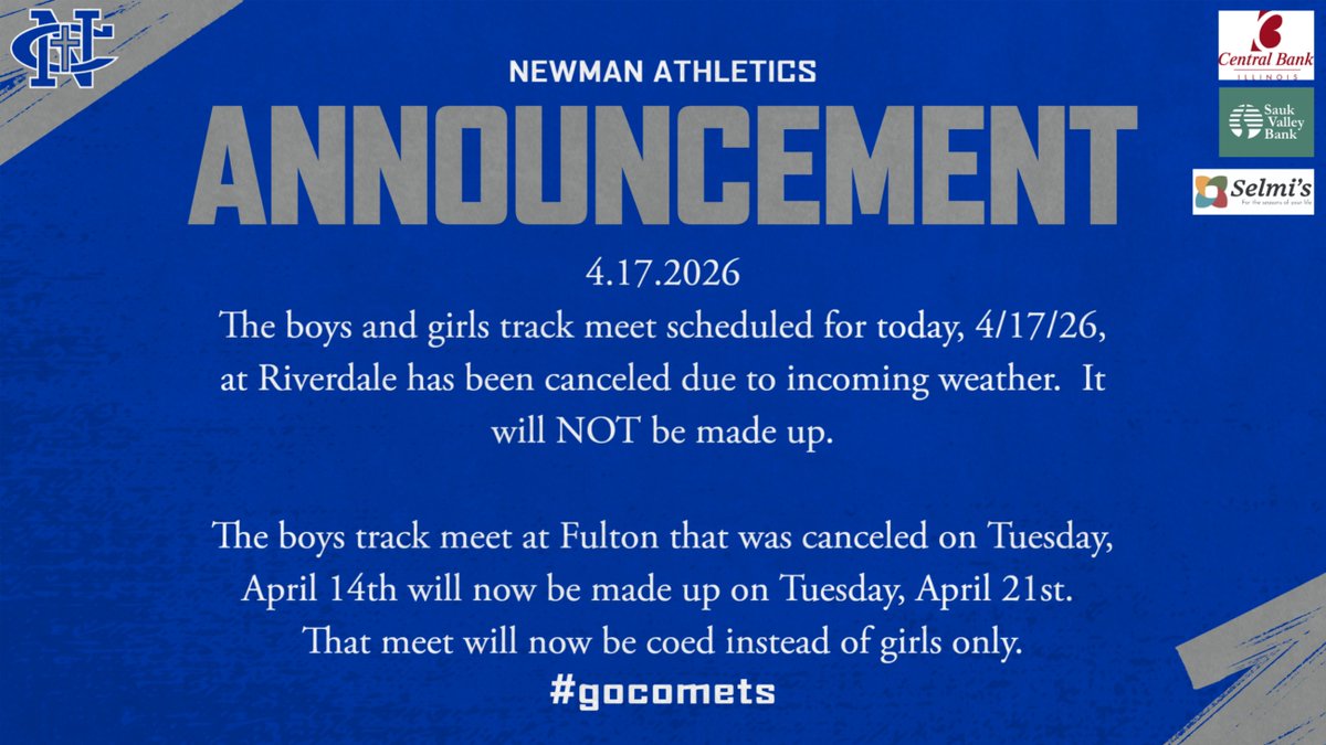NewmanCC_AD's tweet photo. No track meet today at Riverdale! https://t.co/EUR7C3LlIV