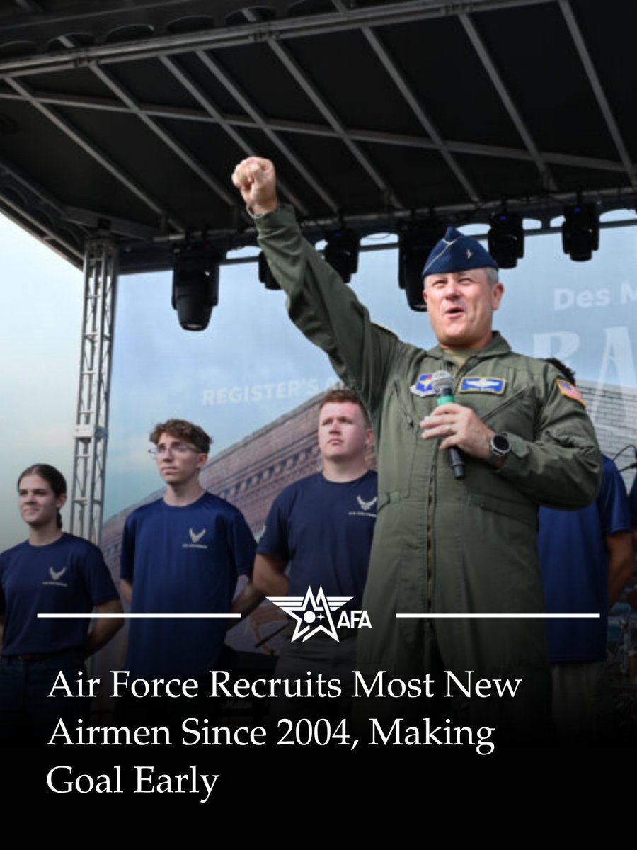 AFA_Air_Space's tweet image. This is the third consecutive year the Air Force hit its active recruiting target.
MORE: airandspaceforces.com/active-air-for…
#AirForce #Airman