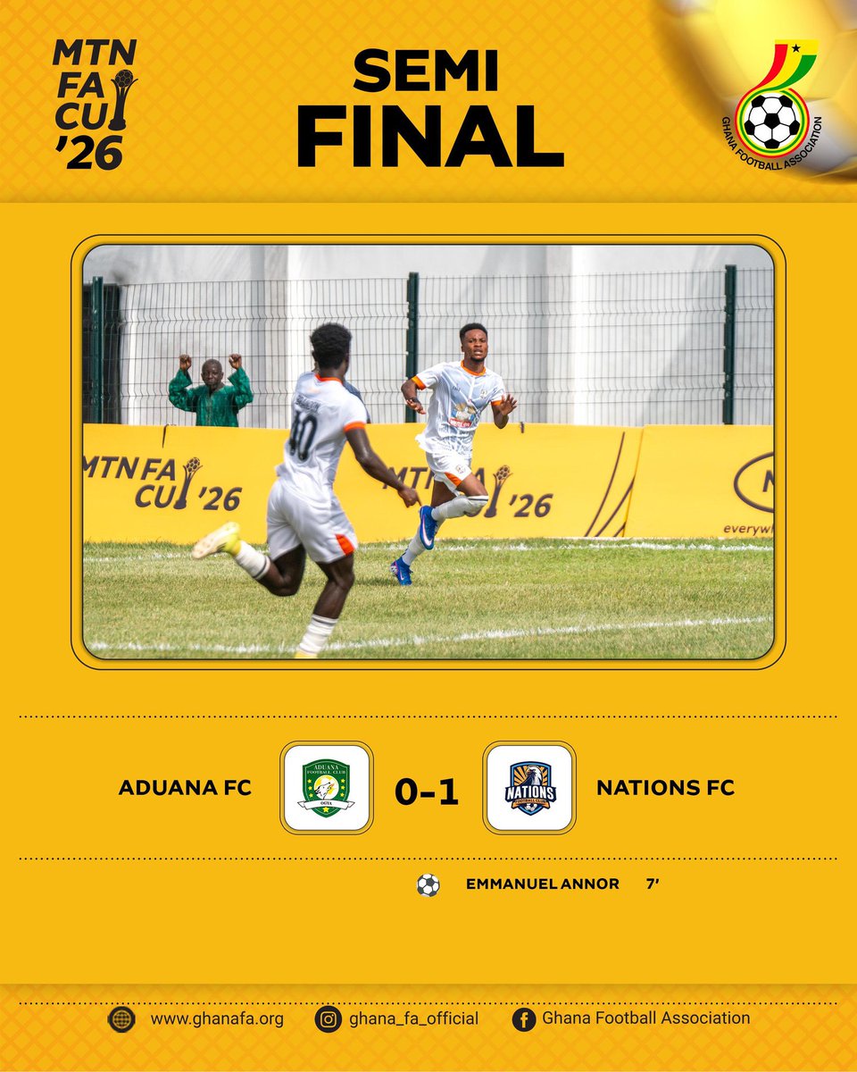 MTNFACupGH's tweet photo. ✅ Nations FC have advanced to the MTN FA Cup Final after a hard-fought 1–0 win over Aduana FC in Swedru.📍

⚽️ Emmanuel Annor netted the winner to book their first-ever #MTNFACup Final spot. 🏆

@nationsfcgh https://t.co/BEmxEIJXDs