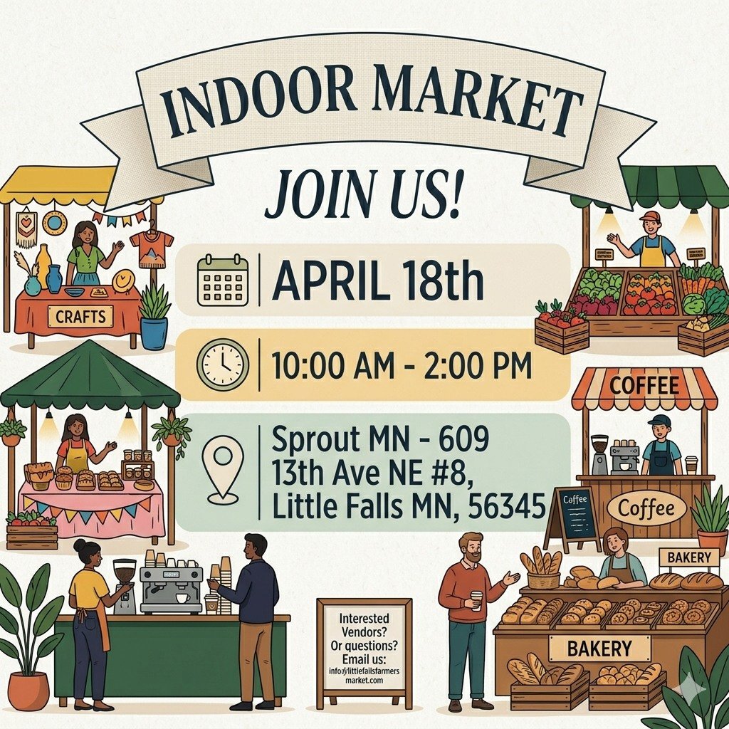 cdcmorrisonmn's tweet image. It's the final #LFFarmersMarket INDOOR MARKET of the season! 4/18, stop by #SproutMN, 609 13th Ave NE #8, #LittleFallsMN from 10am-2pm. Everyone is welcome to attend. facebook.com/share/1CbgQxjt…

The first OUTDOOR Farmers' Market of the season is 5/2! 📆
#MorrisonCounty