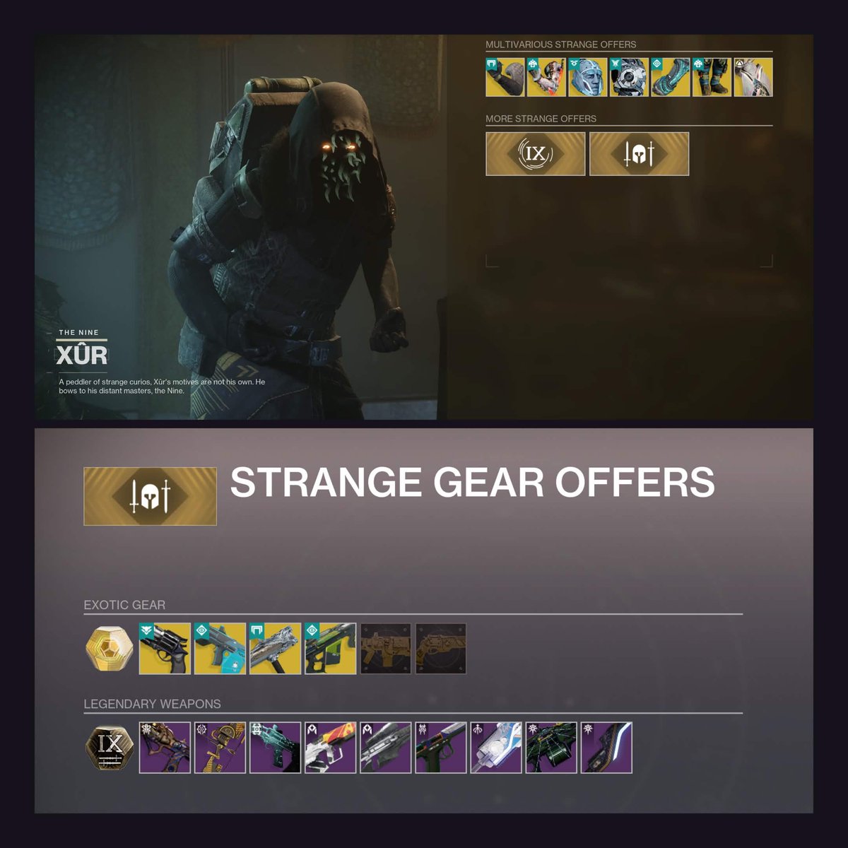 This Week at Xûr 

Exotic Armor▾

Hunter:
🟡 Mechaneer's Tricksleeves (Gauntlets)
🟡 Caliban's Hand (Gauntlets)
🟡 Relativism (Class Item) 

Titan:
🟡 Eternal Warrior (Helmet)
🟡 Hoarfrost-Z (Chest)
🟡 Stoicism (Class Item) 

Warlock:
🟡 Ophidian Aspect (Gauntlets)
🟡 Rain of