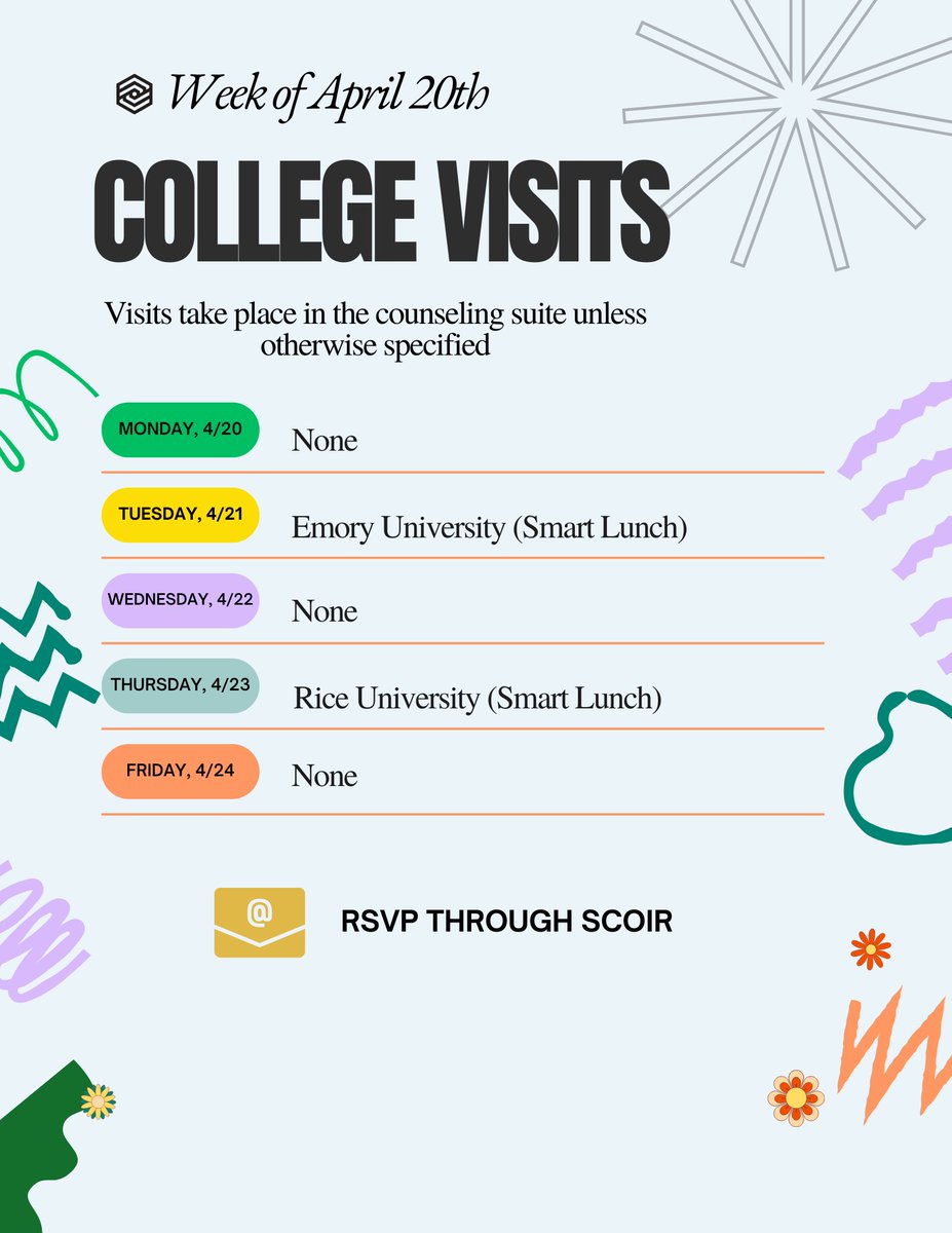 MAVSCounseling's tweet photo. Here are the upcoming college visits for the week of 4/20! Interested in talking with an admissions rep from one of these colleges? RSVP through Scoir! https://t.co/2Um4PaaIi5