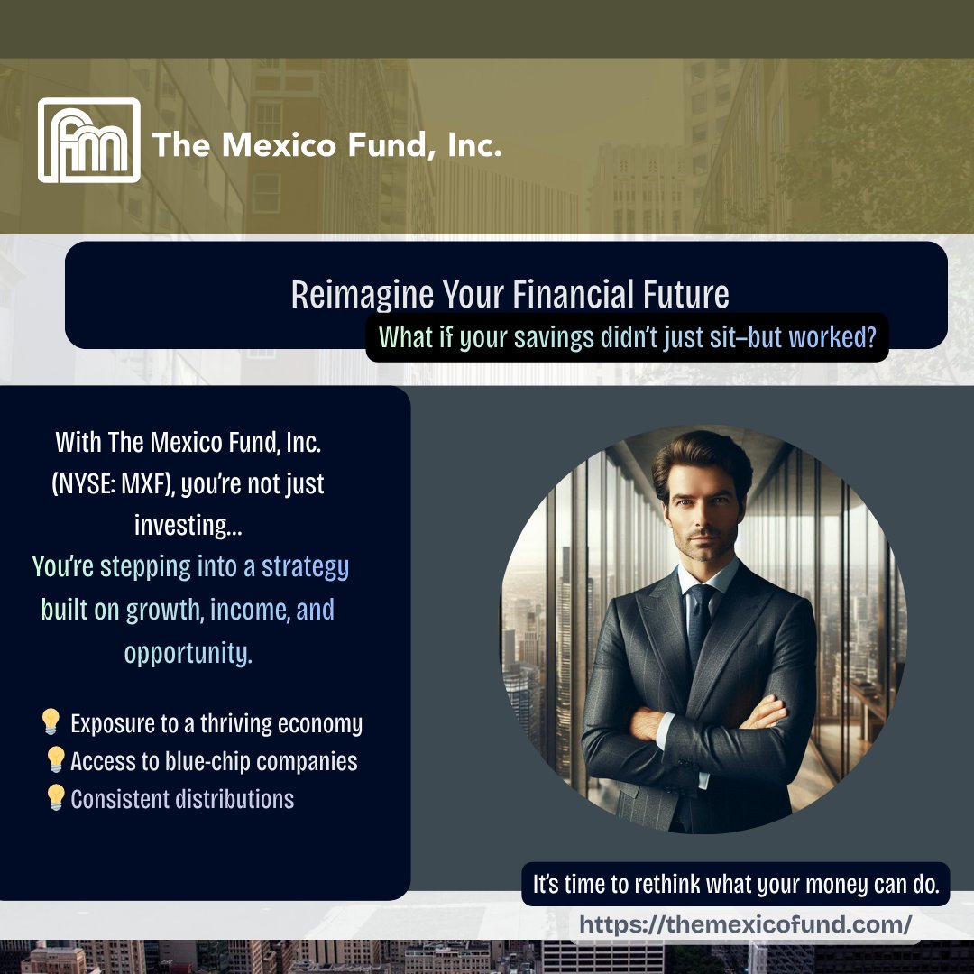 CEFNetwork's tweet image. Consistency in income and clarity in strategy.😅

Learn more: themexicofund.com

#MXF #MexicoFund #ClosedEndFund #EmergingMarkets #LatinAmericaInvesting #GlobalMarkets #LongTermGrowth #CEF #DividendInvesting #CapitalAppreciation #PortfolioStrategy