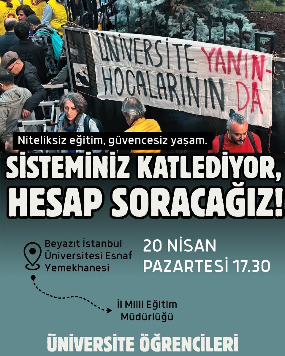 iukomitesi's tweet photo. Sisteminiz katlediyor, hesap soracağız!

20 Nisan 15.30'da İktisat Ek 2'de İstanbul Üniversitesi öğrencileri olarak pankartımızı yapıp 17.00'de katledilen öğretmenler ve öğrenciler için Beyazıt Esnaf Yemekhanesi'nden İl Milli Eğitim Müdürlüğü'ne yürüyeceğiz! https://t.co/5AUktbL28N