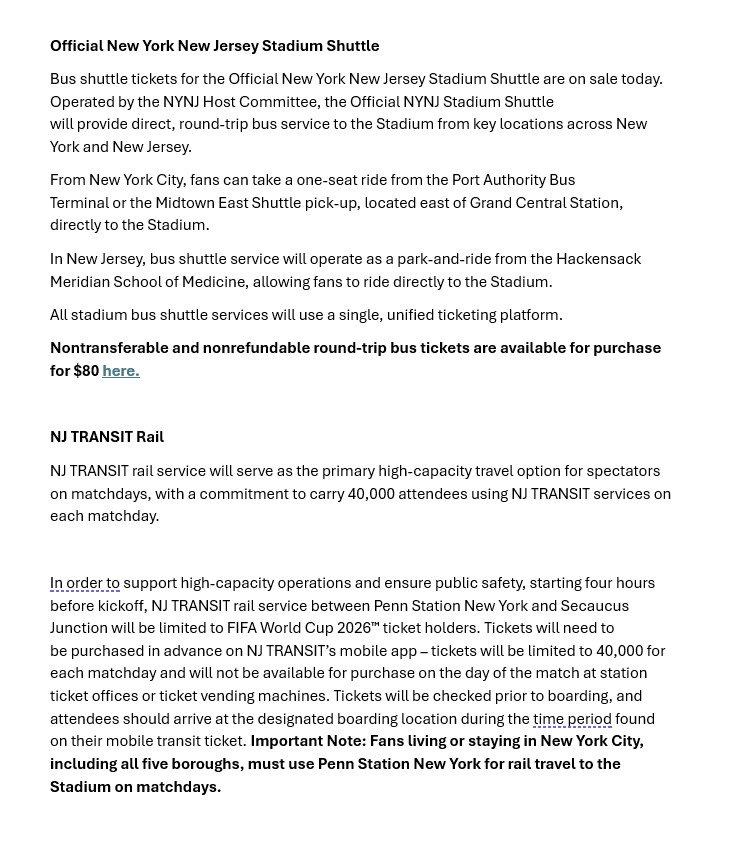 Bogs4NY's tweet image. NJ Transit World Cup Transit Plan

Train roundtrip: $150
Bus roundtrip: $80
Rideshare: no dropoff at stadium
#njt #njtransit #FIFA #WorldCup2026
