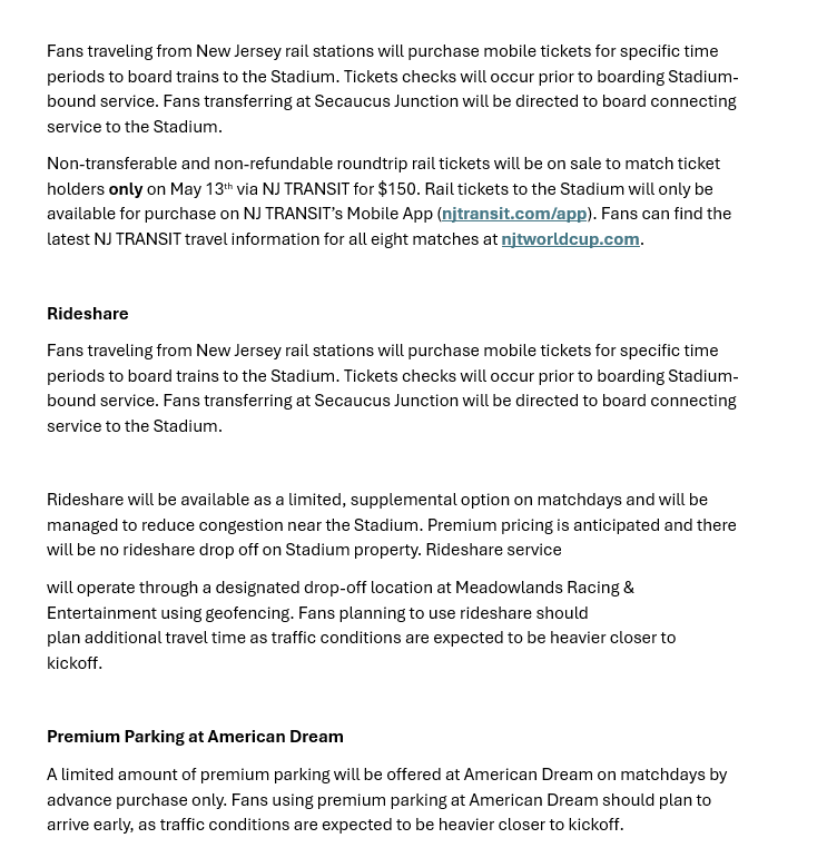 Bogs4NY's tweet image. NJ Transit World Cup Transit Plan

Train roundtrip: $150
Bus roundtrip: $80
Rideshare: no dropoff at stadium
#njt #njtransit #FIFA #WorldCup2026
