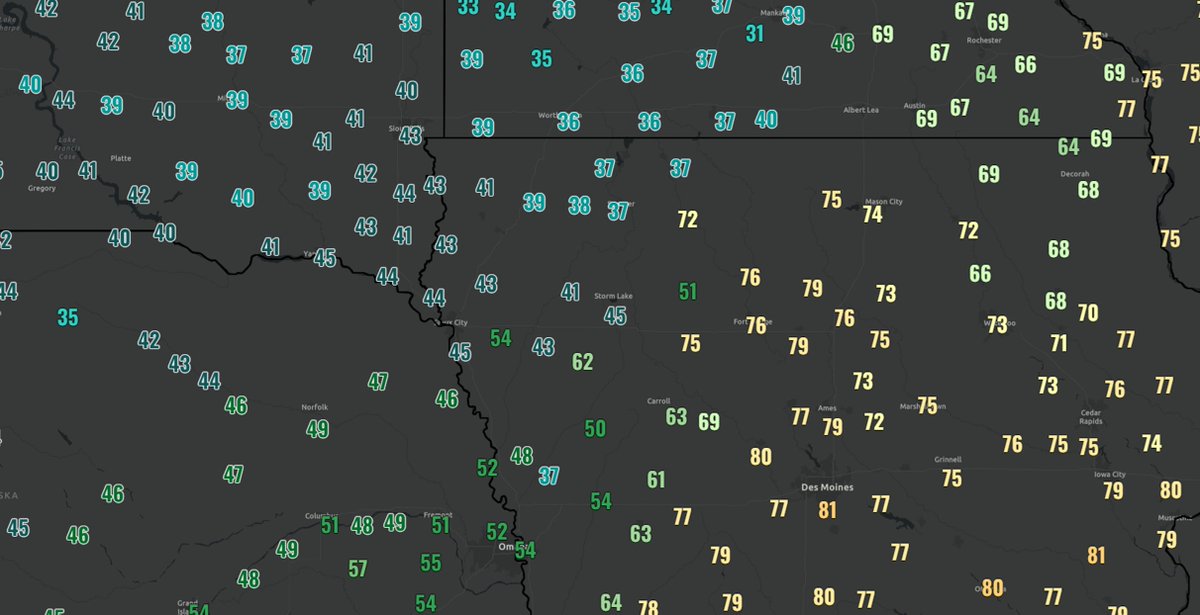 CraigSolberg's tweet photo. Current temperatures as of around Noon CDT in the Iowa/Minnesota/Nebraska/South Dakota border area

30+ degree  difference in temperatures over just a 50 mile distance in some areas https://t.co/YwgWOSA02c