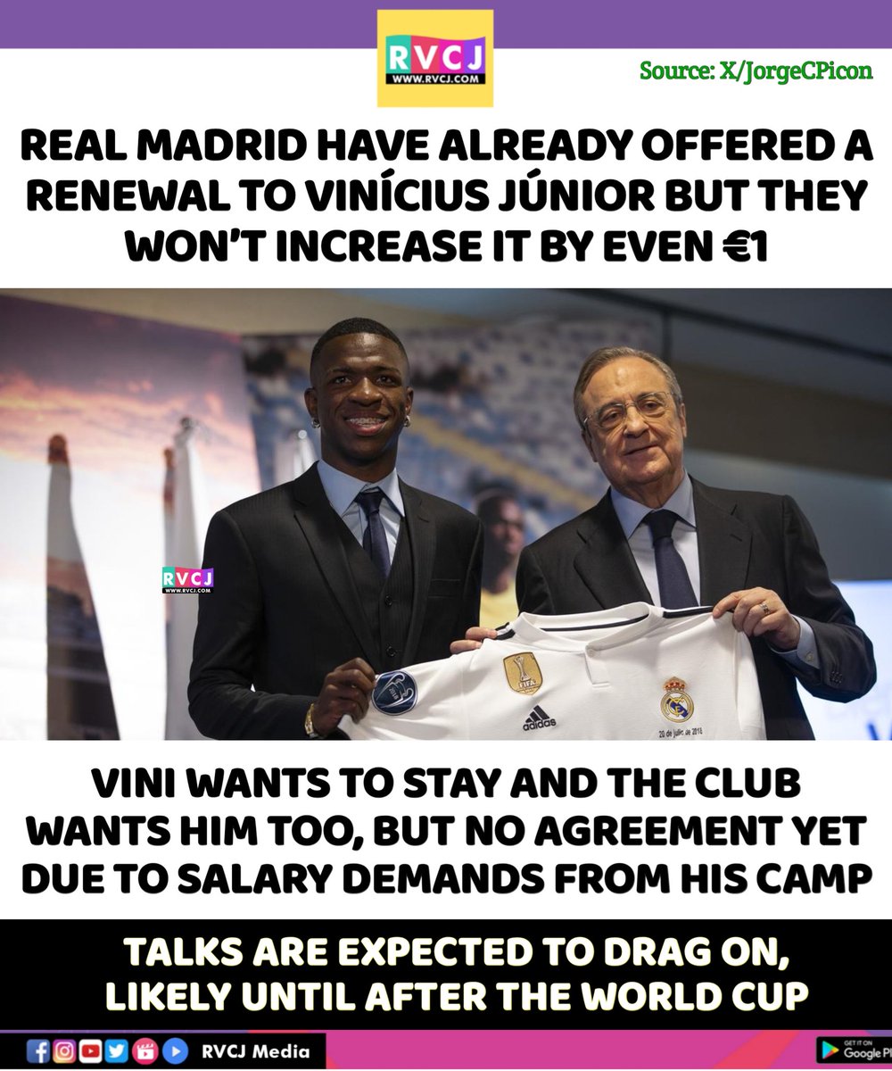 RVCJ_Sports's tweet image. Real Madrid have already offered a renewal to Vinícius Júnior but they won’t increase it by even €1.

Vini wants to stay and the club wants him too, but no agreement yet due to salary demands from his camp.

#ViniJr #Vini #RealMadrid