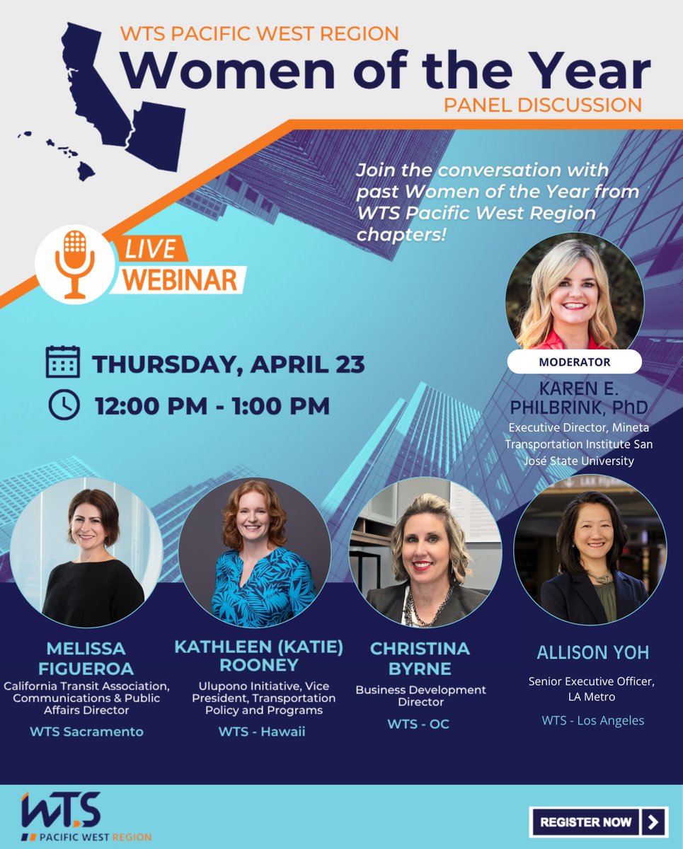 MinetaTrans's tweet image. Join past Women of the Year from WTS Pacific West Region chapters for a virtual panel on #leadership &amp;amp; the future of #transportation. Moderated by MTI ED Dr. Karen Philbrick. Save your spot today! #webinar