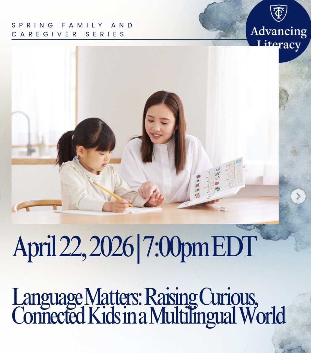 TCAdvancingLit's tweet image. Tune inTonight! Free Family Workshop!

#Literacy
#Multilingualism
#Language 
#education

Register here: 
teacherscollege.zoom.us/meeting/regist…