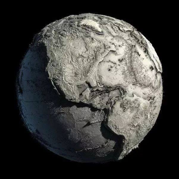 BigBangSciCom's tweet image. La #Terre sans eau ni végétation. Le relief a été exagéré : en réalité, le point le plus profond (la fosse des Mariannes) se situe à 11 020 m de profondeur, ce qui représente 0,17% du rayon de la Terre.

Crédits : ?