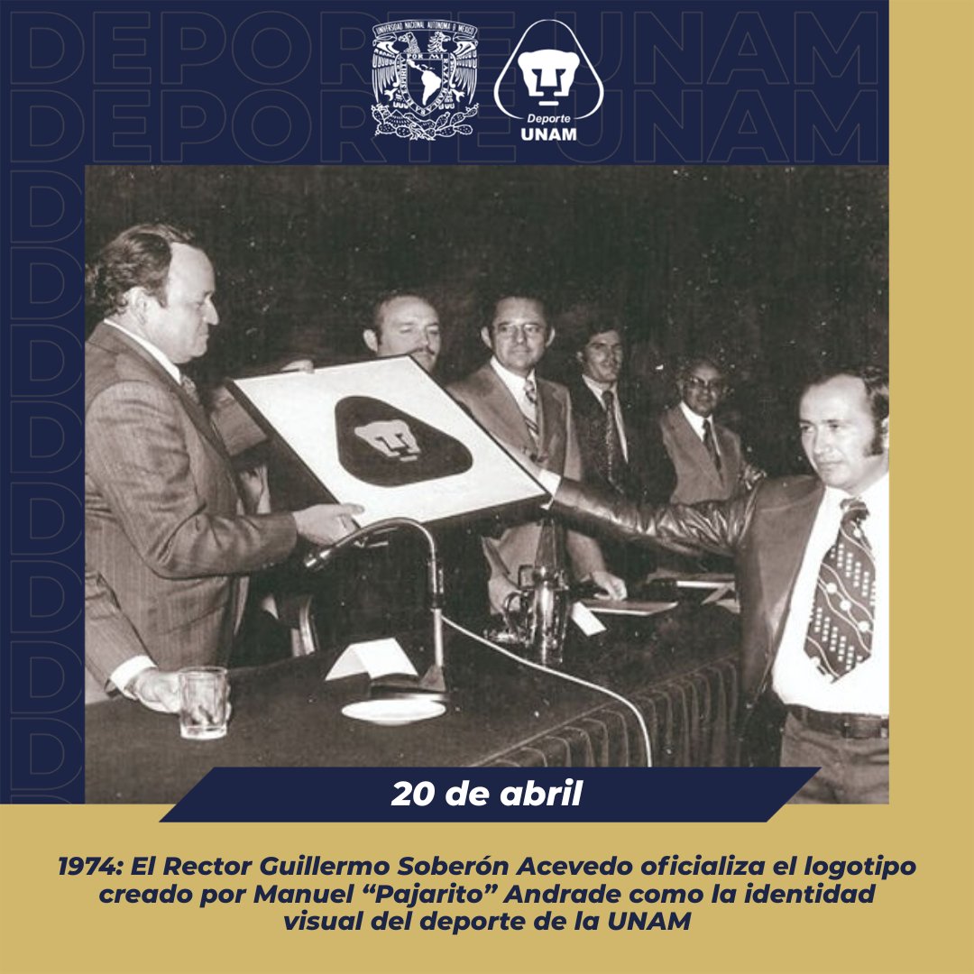 🗓️ 20 de abril : 1974: El Rector Guillermo Soberón Acevedo oficializa el logotipo creado por Manuel “Pajarito” Andrade como la identidad visual del deporte de la UNAM

#SoyDeporteUNAM