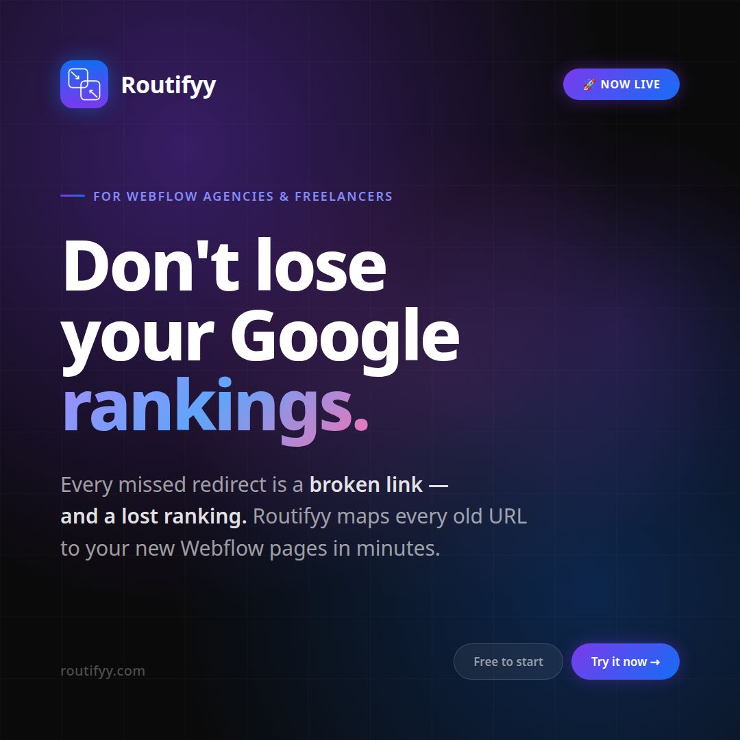 philippxroth's tweet image. 🚀 Routifyy is live — the tool Webflow designers needed for launches.

AI-powered 301 redirect mapping. Connect your site, discover old URLs, export in minutes.

🎁 Early Bird: EARLYBIRD50 for 50% off

→ routifyy.com

#Webflow #SEO #ProductLaunch