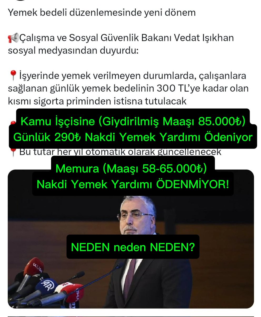 Memur insan değil mi, acıkmıyor mu?

En insani ihtiyaç, Nakdi Yemek Yardımı Taşerondan geçen Kamu İşçisine günlük 290₺ ödeniyor, 
Memura gelince ödeme YOK!

Yemekhane olan yerlerde İşçinin Ücretsiz yediği yemeği, #Memur Para Ödeyerek Yiyor!

Sendikalar Ne İçin Var? Neredeler?