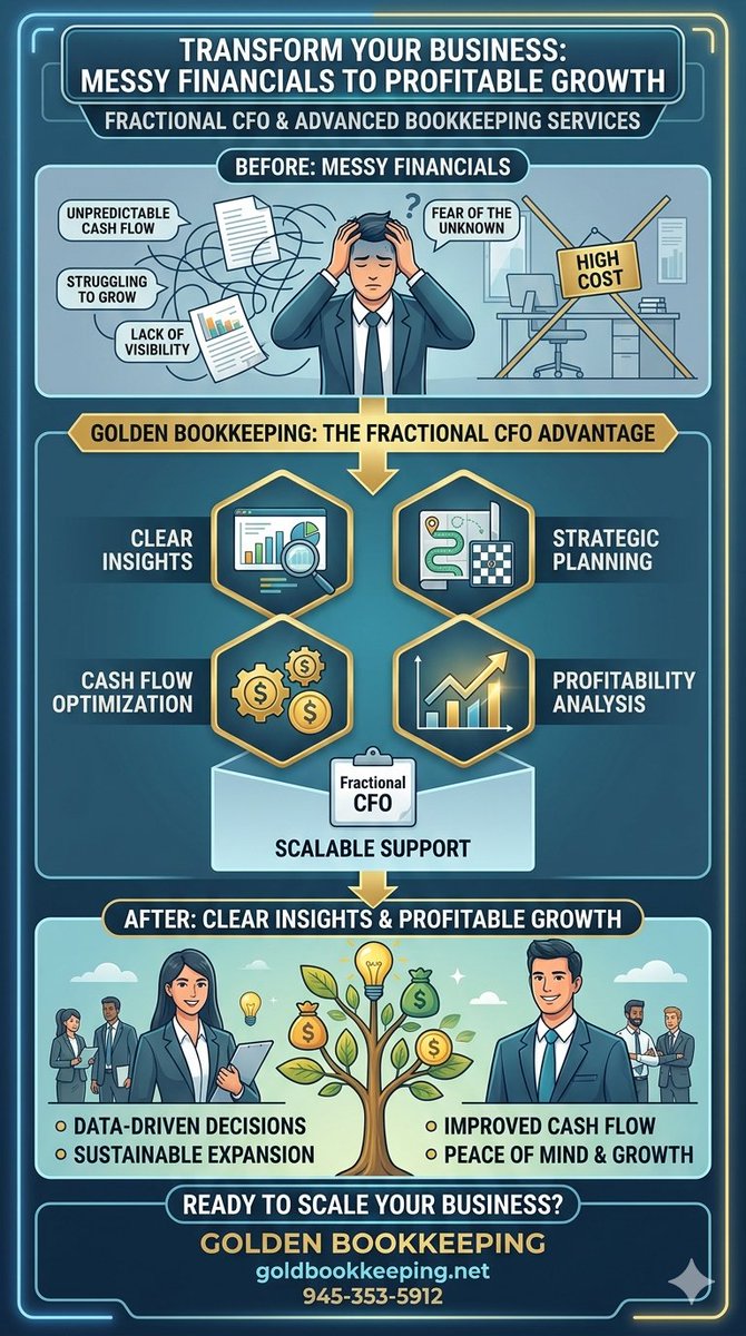 Golden_Bookkeep's tweet photo. Most business owners are flying blind. They see the numbers, but they don’t see the story the numbers are telling.

Messy financials lead to "gut feeling" decisions—and that’s a dangerous way to scale.

At Golden Bookkeeping, we bridge the gap between where you are and where you want to be. We turn your data into a roadmap for profitable growth, giving you the power of a CFO without the full-time executive price tag.

Stop guessing. Start growing.

🚀 Get your roadmap: https://t.co/BQTc6N5SRA 
📞 Let’s talk: 945-353-5912