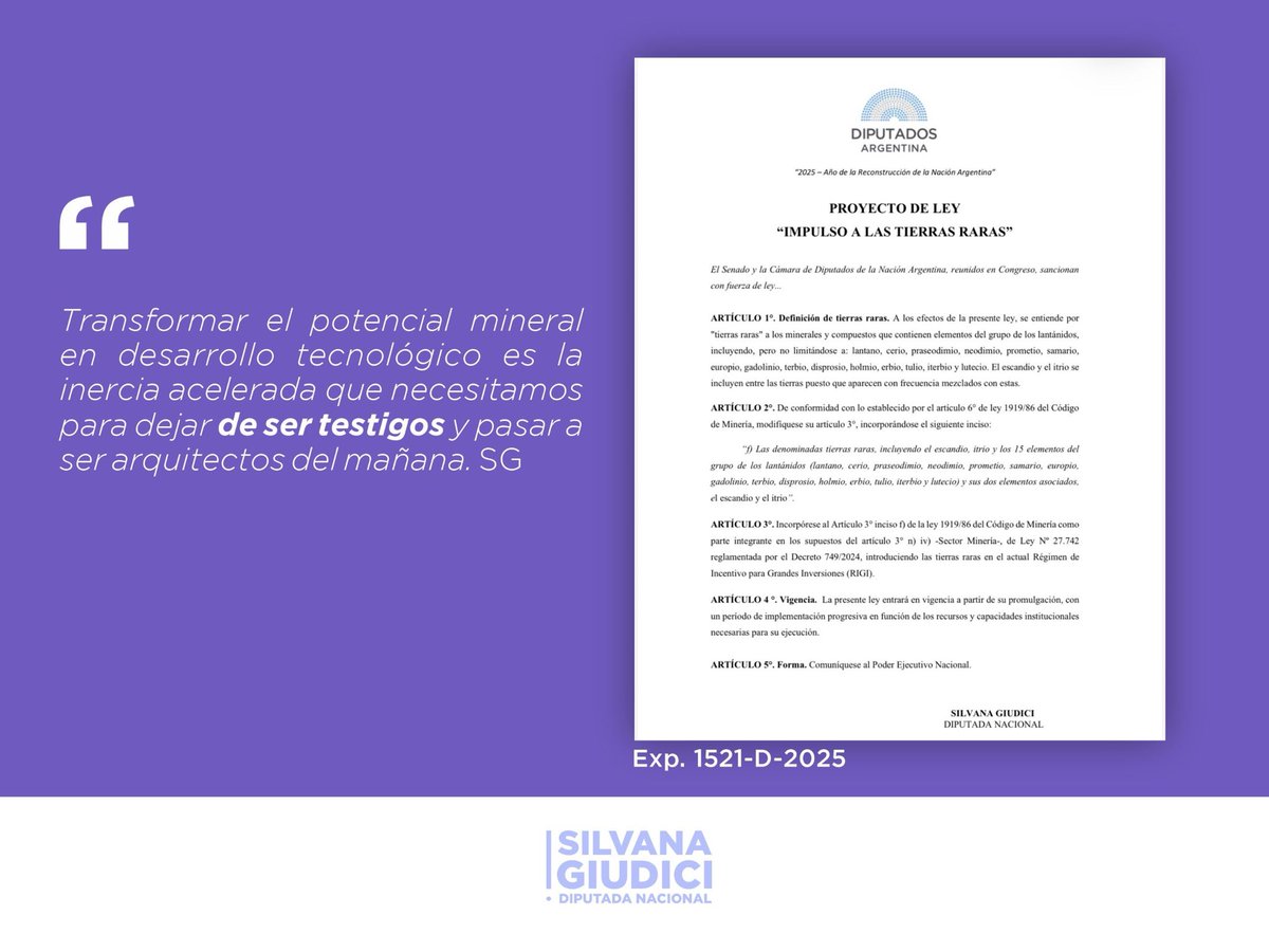SilvanaGiudici's tweet photo. En el 2025 presenté el proyecto de ley “Impulso a las Tierras Raras” exp. 1521-D-2025, para que Argentina pueda incorporar plenamente las tierras raras a su desarrollo productivo y marco legal. Tenemos un gran potencial en estos recursos, fundamentales para la tecnología, la energía y la industria del futuro.

Hoy, muchas de las tierras raras aparecen como elementos adheridos a otros minerales, como en yacimientos de concentrados de cobre, oro o litio, pero al no contar con procesos de separación ni una caracterización legal específica, terminan en desechos mineros o se exportan por arrastre sin ser aprovechadas como recurso propio. La iniciativa apunta a reconocerlas, desarrollarlas y ponerlas al servicio del crecimiento argentino.