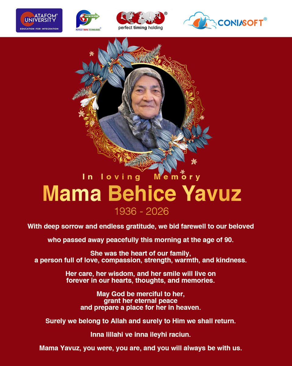 CONIACLOUD's tweet image. We are deeply saddened by the passing of Mama Behice Yavuz, cherished mother of our Founder at ConiaSoft. 
May she be remembered with love, and may her soul rest peacefully.  

#RestInPeace #InLovingMemory #Condolences #ConiaSoft #ŞakirYavuz #Respect #Legacy #Family #PTH #Restore