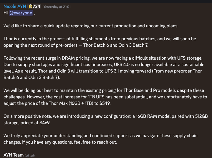 Nintendeal's tweet image. PRICE INCREASE: another price increase for the AYN Thor Max from $489 to $549 due to DRAM pricing surge and supply shortages

Batch 6 devices will now use UFS 3.1 instead of 4.0

New lower price AYN Thor Max (16GB+512) is now available: bit.ly/4tU5m18 #ad $469