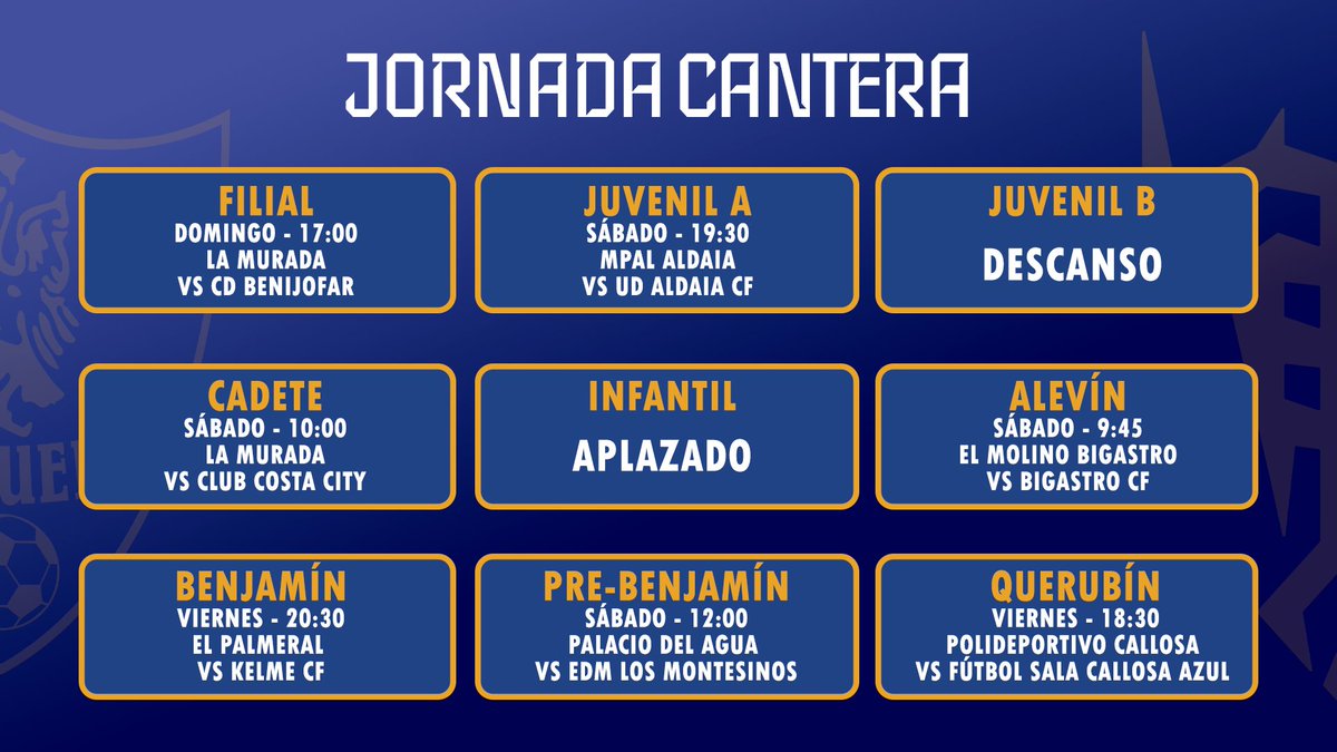 ⚽ ¡Horarios de nuestros equipos!  📅

Nuevo fin de semana, nuevos retos para nuestros equipos que lucharán por nuestros colores 💛💙