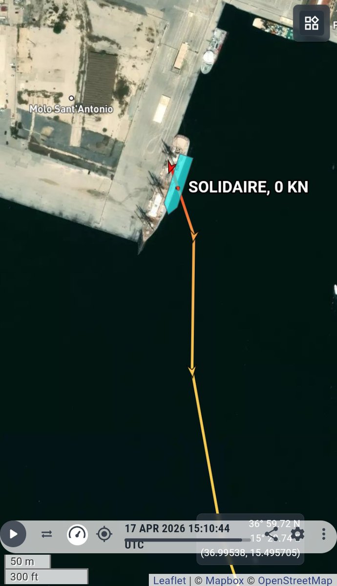 TrafficoNaviOnc's tweet image. 17.04.2026 ore 15.10 UTC #Solidaire molla gli ormeggi dal porto di Siracusa per una nuova ricerca di risorse inps da portare in italia