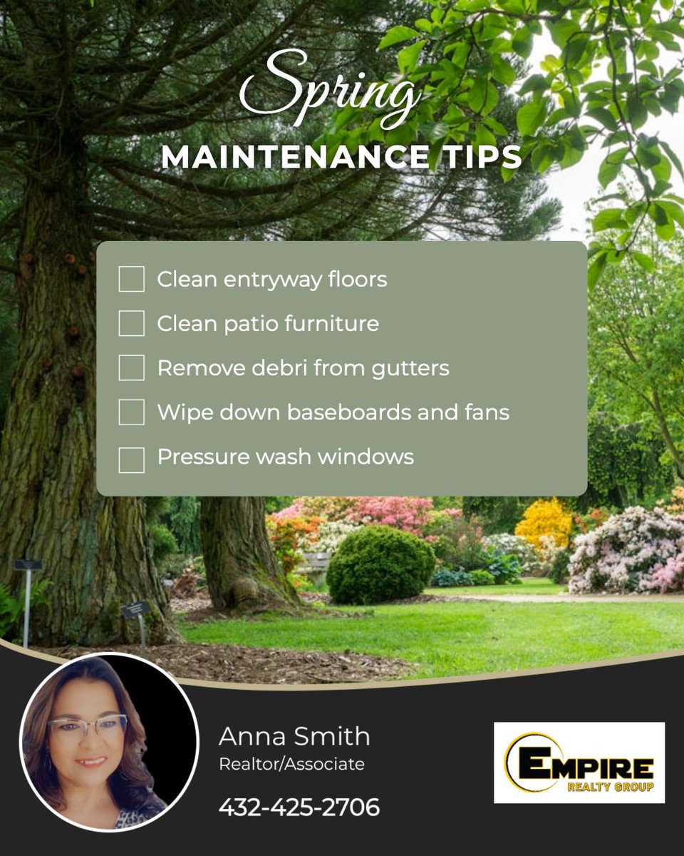 AnnaMsmith13's tweet image. Spring is in full bloom 🌸—the perfect time to give your home some TLC!

A little seasonal maintenance = a fresher, cleaner, happier space 🌿✨

Are you an early bird or last-minute spring cleaner? 🧼

#springcleaning #springchecklist #Texasrealtor #land #residential