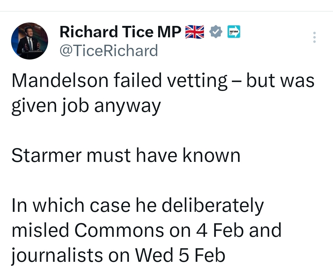 Richard Stupid Tice makes a good point - the government should learn from Reform UK and use the same vetting system as we do. We have an exemplary record of only passing a few hundred racists,  sex pests and violent criminals.