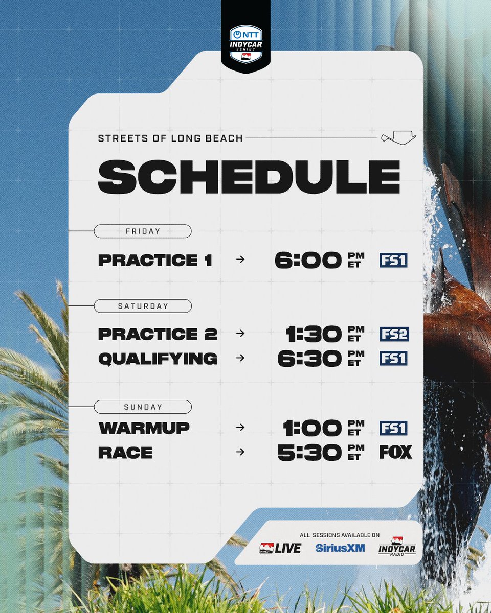 IMS's tweet image. #INDYCAR's on beach time 🏝️

@GPLongBeach practice takes to the streets for practice on FS1 at 6 PM Eastern!