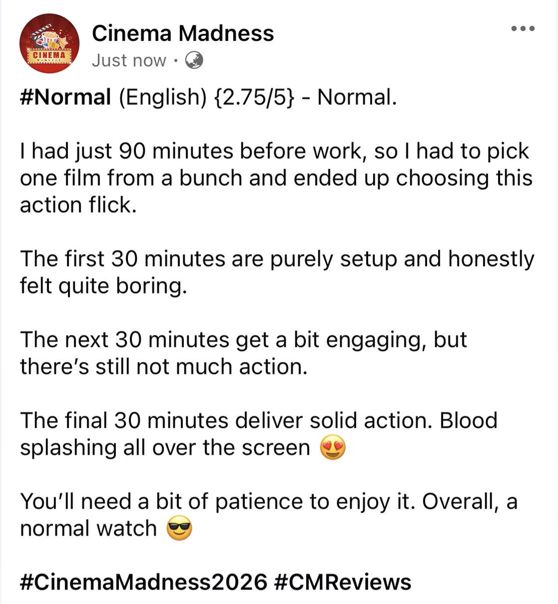 CinemaMadness24's tweet image. #Normal (English) {2.75/5} - Normal.

#NormalReview #CMReviews