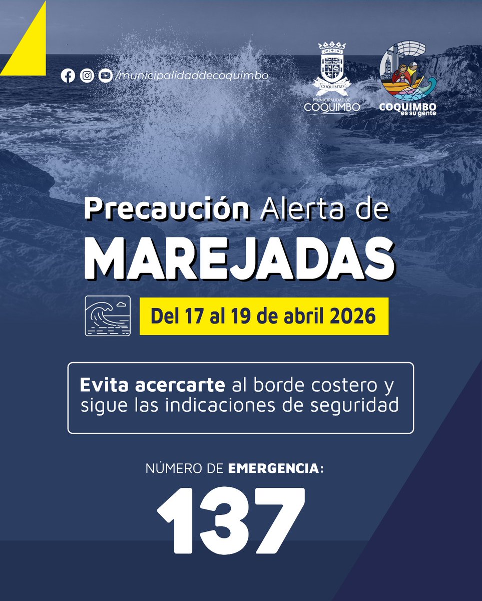 🚨 Atención

Aviso de marejadas para las costas de Coquimbo desde el 17 al 19 de abril. 🌊

Recomendamos:

✔️ Evitar el tránsito por sectores rocosos.
✔️ No ingresar al mar durante el evento.
✔️ No realizar actividades náuticas ni deportivas sin autorización.

#CoquimboEsSuGente